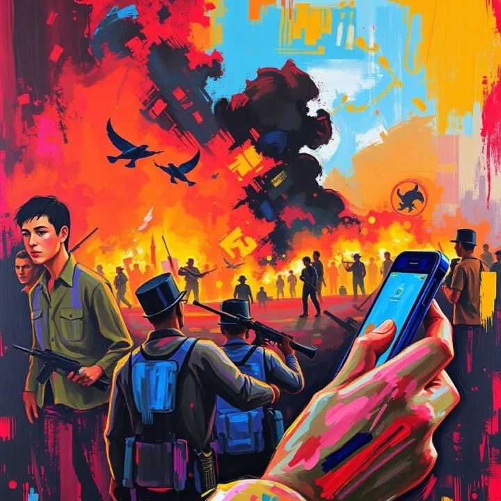 Viewing social media on smartphone surrounded by abstract symbols of civial war and rising societal fear