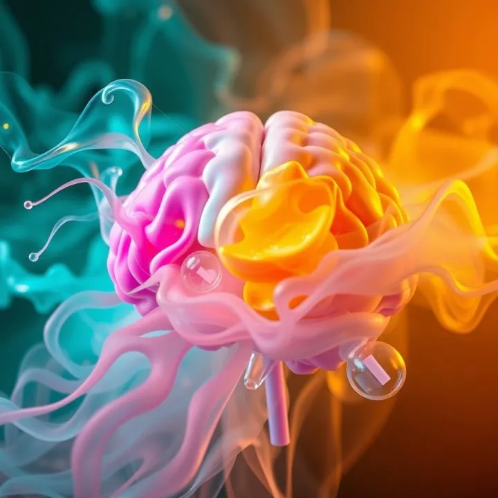 Brain illustration with abstract flavor cues showing how e-cigarette flavor patterns influence smoking cessation behavior