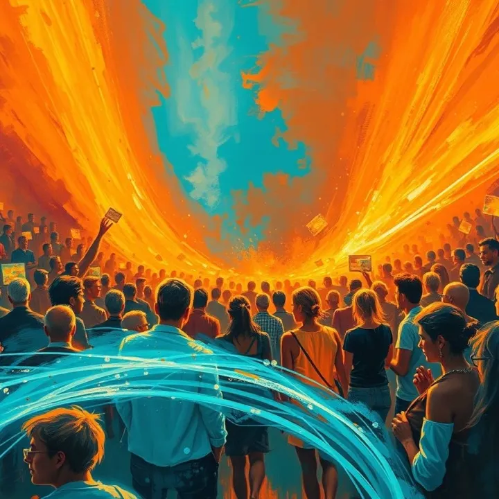 Magnetic field attracting a diverse crowd illuminated by glowing light trails.