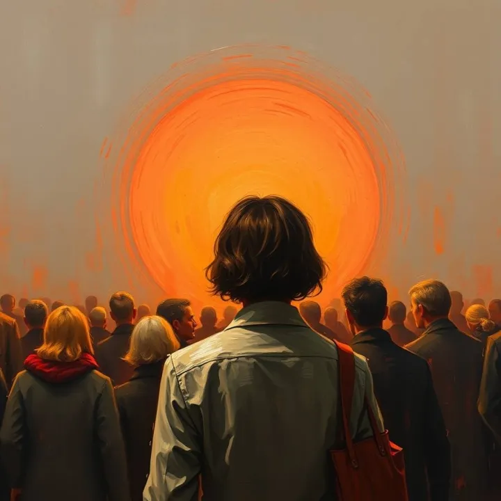 Warm classic oil painting style, a person stands in a crowd with blurred faces, a faint circular echo radiates outward, muted gray with sharp crimson accents