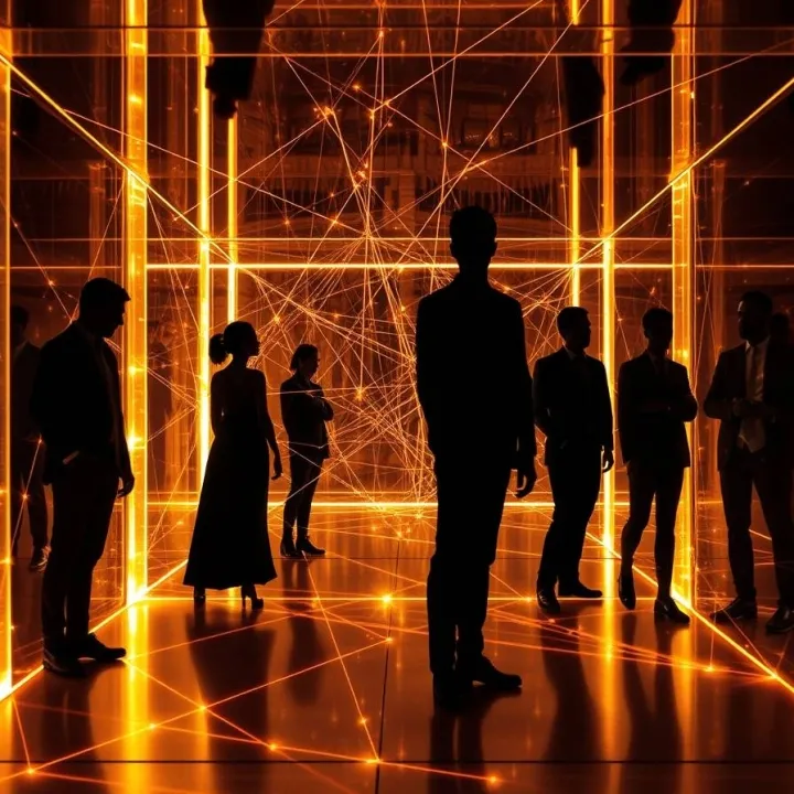 Abstract silhouettes connected by golden threads symbolizing social control and organizational cohesion.