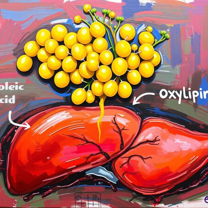 Liver illustration showing soybean oil producing oxylipins linked to obesity
