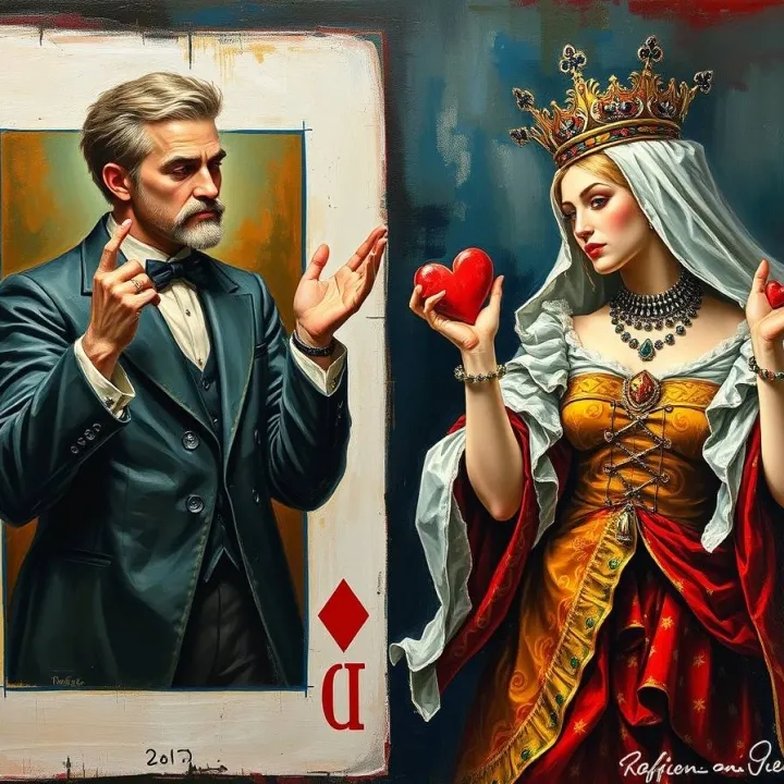 A classic oil painting captures the ten of diamonds and queen of clubs with personages dynamically emerging from card frames, illustrating special relationships with electric, vivid colors
