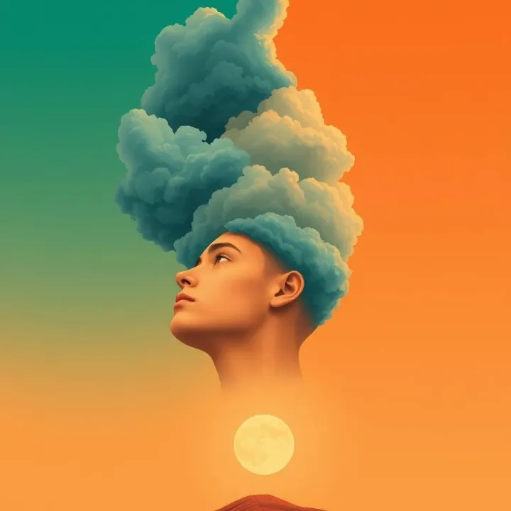 Surreal illustration of a person with clouds rising from the head symbolizing mood, cognition, and emotional shifts across adulthood