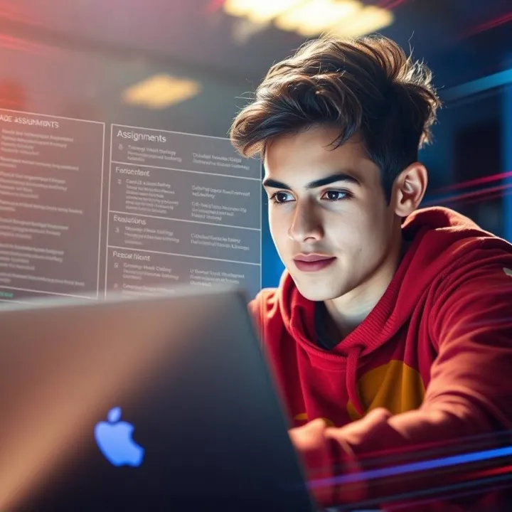 Young university student working intently on a laptop in a tech lab, illuminated by colorful screen reflections, symbolizing focus and digital learning.