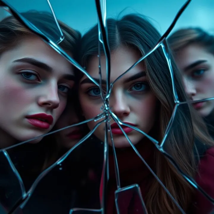 An extreme macro close-up of a broken mirror with teenagers, rendered in rich burgundy and deep blue