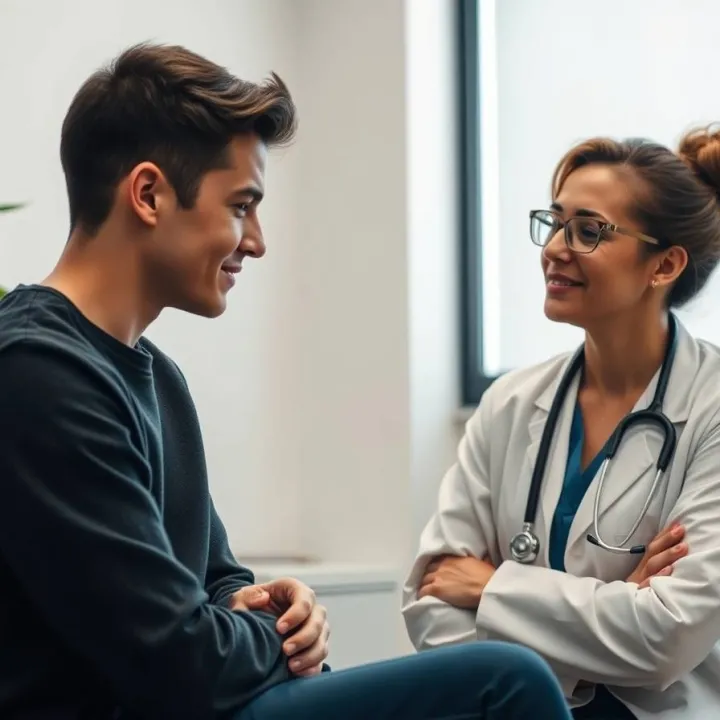 Young man and mental health professional, calm clinic office, soft lighting, gentle conversation, warm tones, empathetic expressions, connection and trust