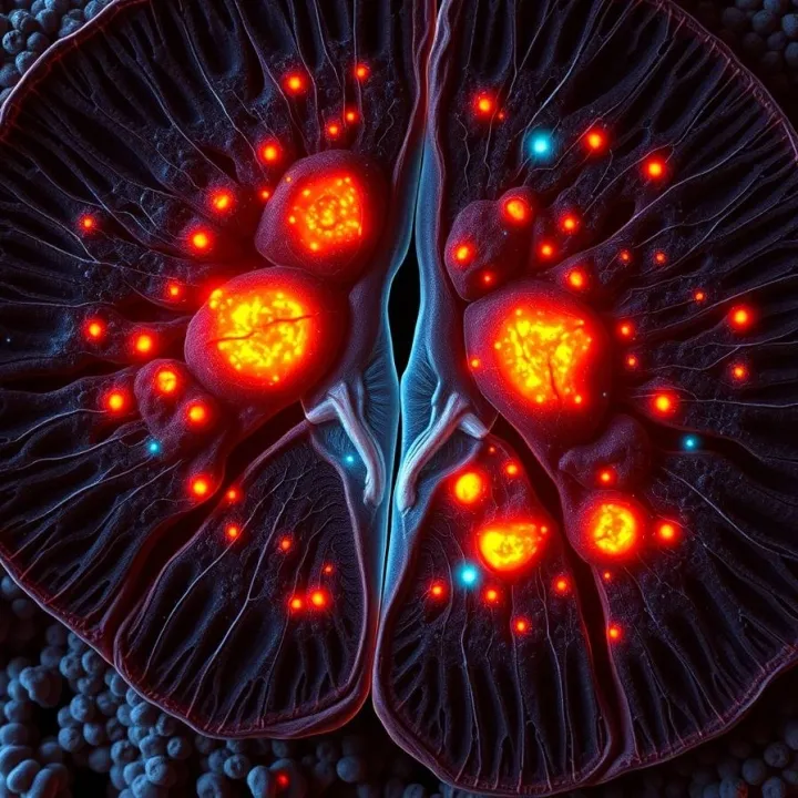 Spatial map of gene activity across tissue showing localized genetic signals in colorful transcriptomic patterns.