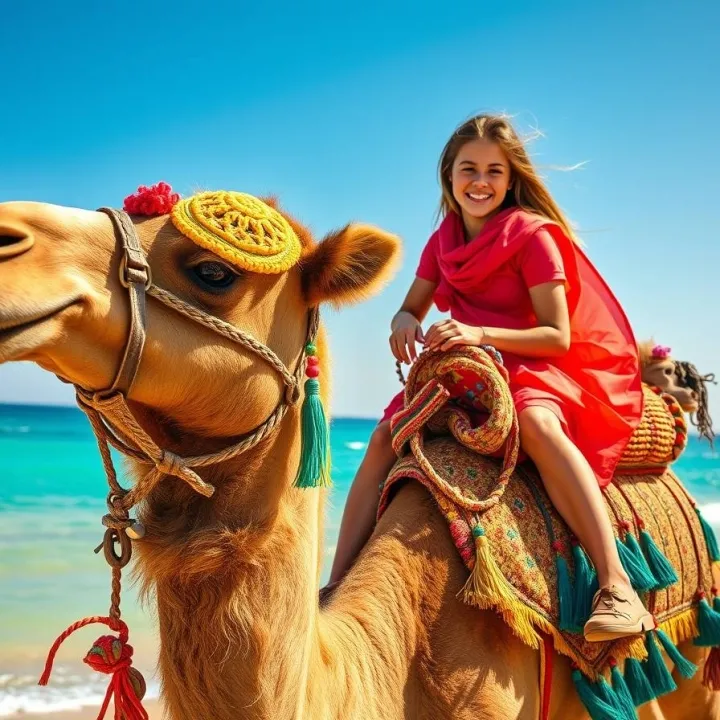 Decorated camel with colorful saddle and smiling traveler on a sunny beach, bright sky and vibrant coastal tourism scene.