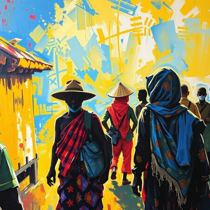 Dynamic nature of travelling culture. cultural identity is always on the move - acrylic painting.
