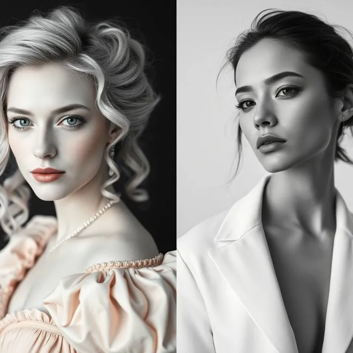 Two women side by side, one an 18th-century classical beauty, the other a modern model in minimalist fashion, black and white fine art photography, true beauty vs. pretty