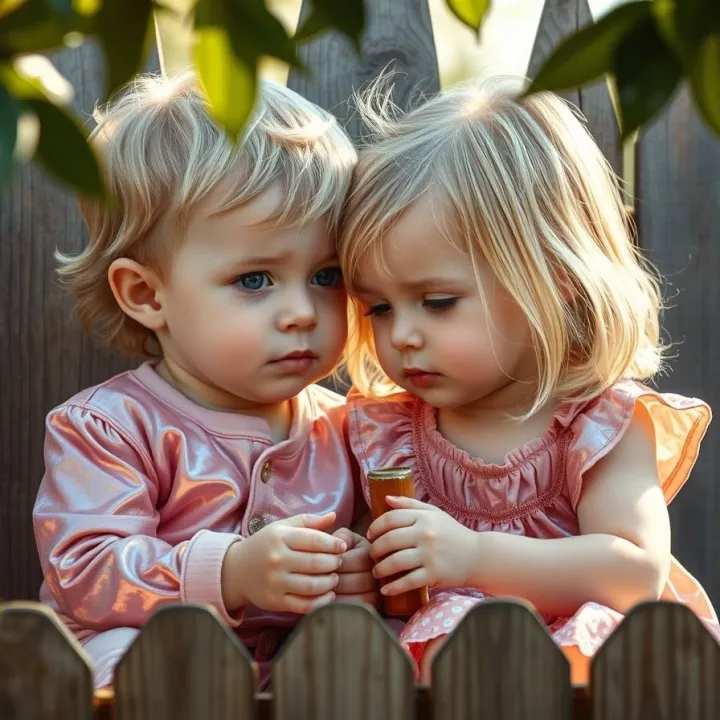 Close-up, iridescent colors, painting, warm tones, iridescent reflections, detailed focus, two blonde toddlers twins, boy and girl, sitting outdoors, rustic wooden fence