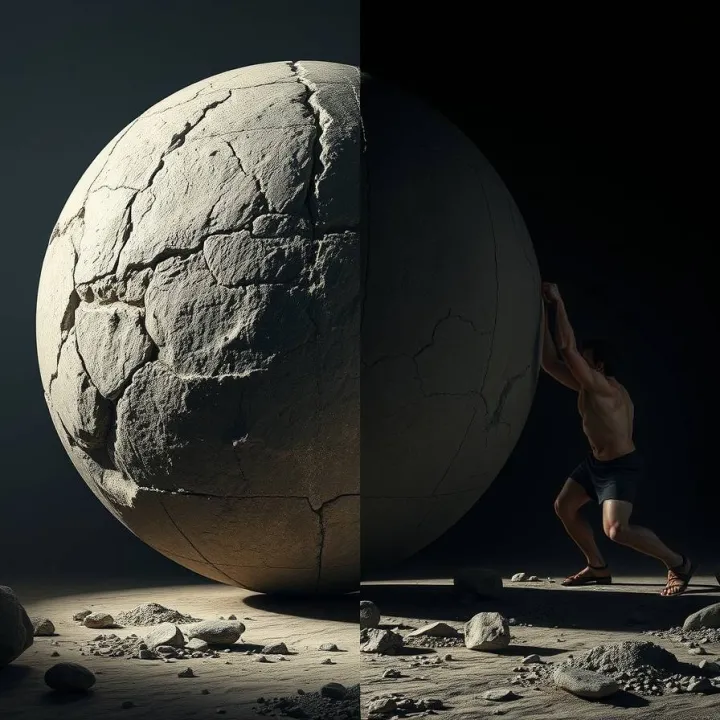 Goliath-like figure pulling an enormous stone sphere with neural patterns - grace under stress
