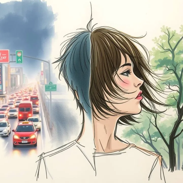 Illustration of a woman split between a busy city scene and a calm nature background, symbolizing environmental sensitivity and emotional contrast.