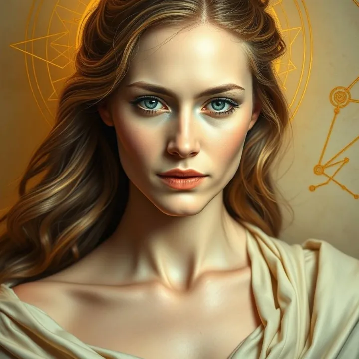 Virgo zodiak sign astrology. Intense dramatic lighting, dynamic in motion, of a serene mythological portrait of a woman symbolizing Virgo. Her expression is calm, analytical, and compassionate. Golden and ivory.