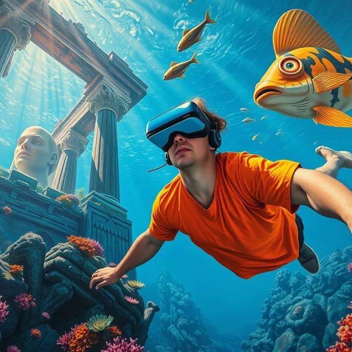 Person with an orange t-shirt wearing a Virtual Reality headset swims in an Atlantis-inspired underwater world, surrounded by coral-covered ruins
