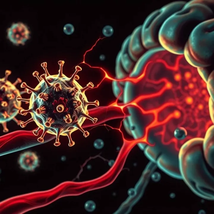 A high-angle, symbolic traditional tattoo art print, medical illustration of the blood-brain barrier attacked by viruses. Glowing spherical viruses with spikes penetrate a brain blood vessels