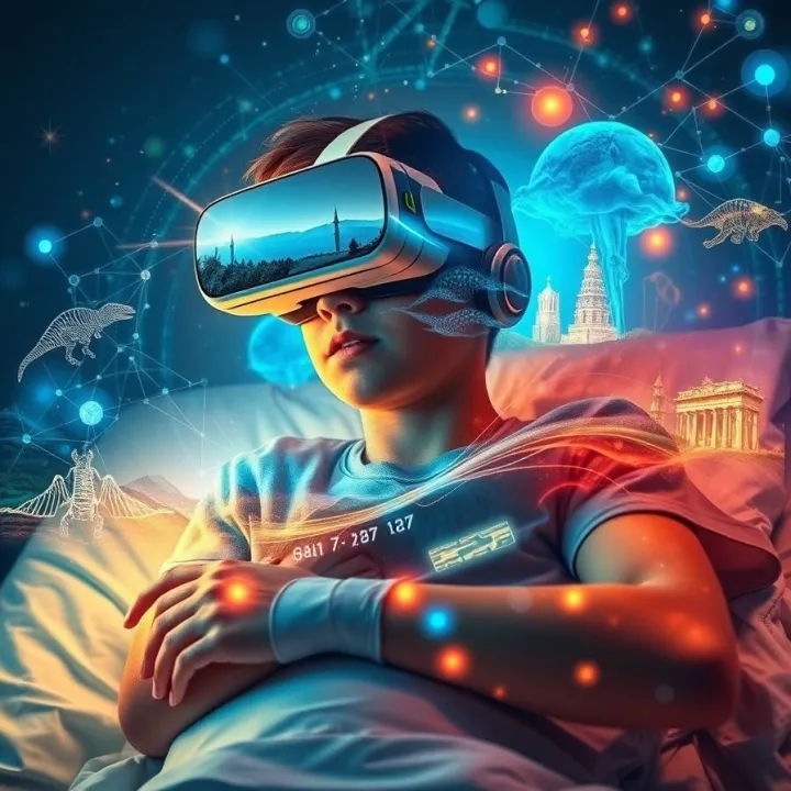 A futuristic illustration of a young boy in a hospital bed wearing a VR headset, with a bandaged arm showing healing burn wounds