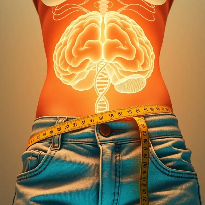 Low angle, ultra-realistic digital illustration in soft pastel colors. A glowing human brain replaces the torso of a person in loose jeans, a yellow measuring tape encircling the waist.