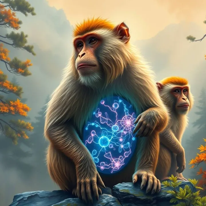 Wild Tibetan macaques in a mountain forest with subtle microbiome imagery representing gut stability across seasons