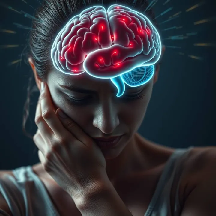 Woman, discomfort, wrist held, glowing brain hologram above head, neural activity in prefrontal cortex and limbic system.