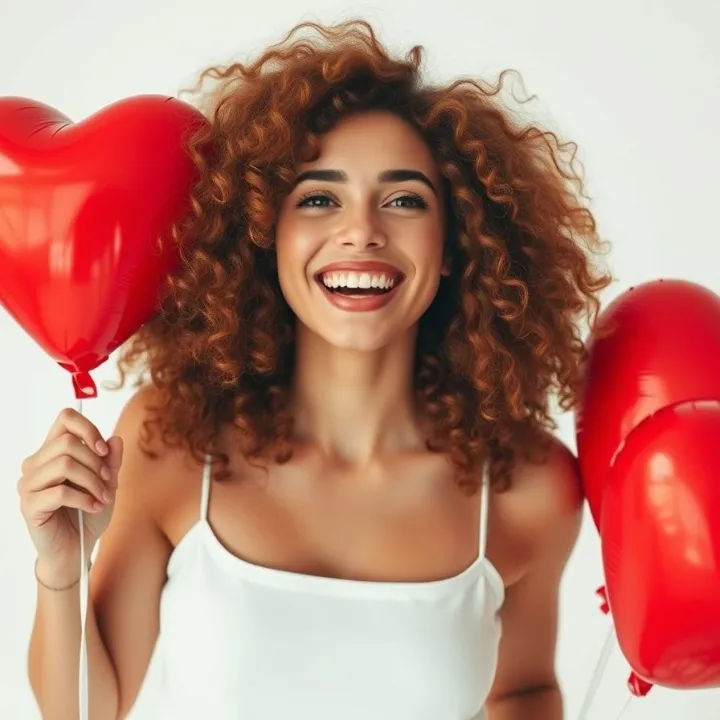 High angle candid street photography of a joyful young woman with voluminous curly auburn hair, holding three bright red heart-shaped balloons, wearing a white spaghetti-strap top