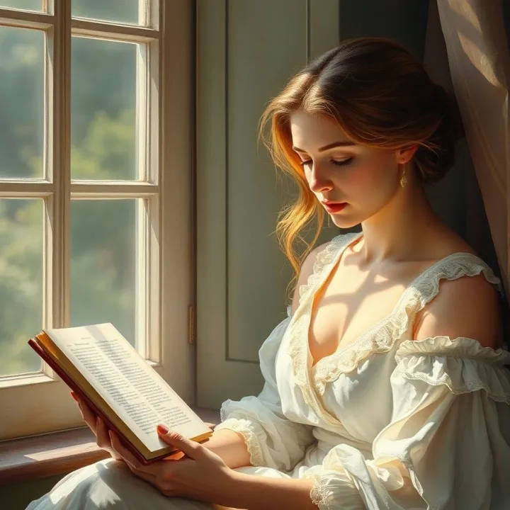 Thoughtful woman reading by a window, symbolizing emotional insight and introspection. Classical Painting.