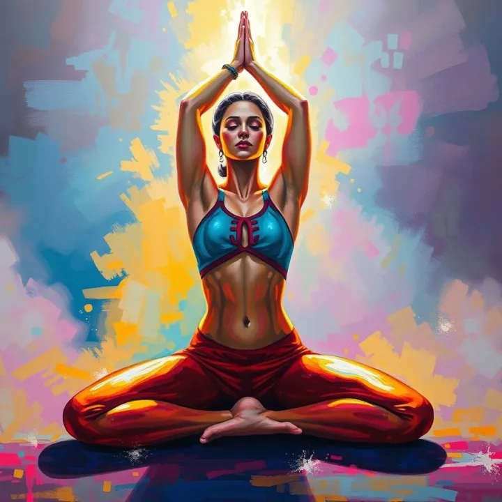 A bold acrylic painting of a yoga pose, characterized by volumetric lighting with visible light beams through dust or fog, showcasing vibrant colors and textured brushstrokes