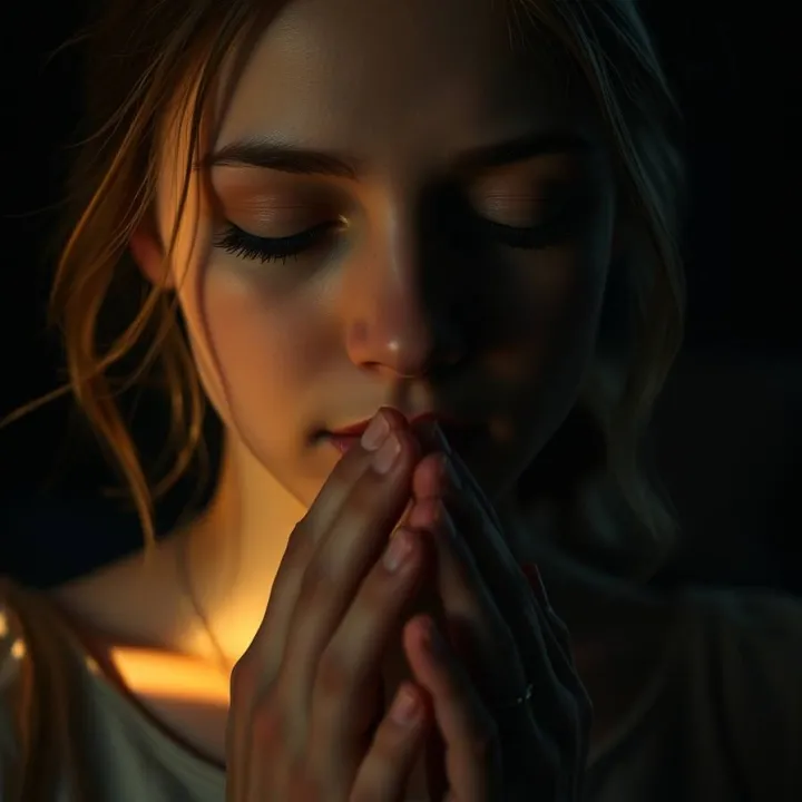 Photograph with a distinct split low angle perspective, capturing a young woman with fair skin, hands clasped in prayer, eyes closed, with a faint golden light around her