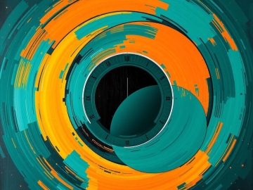Abstract teal and orange circular artwork resembling a biological clock, with layered concentric arcs and cosmic depth.