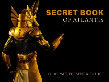 Golden-armored Anubis-like figure representing the Secret Book of Atlantis - a mystical guide to your past, present, and future through ancient knowledge