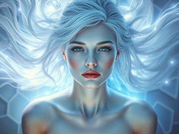 Creative light art, overhead birds eye view. Mythological modern portrait of an ethereal woman symbolizing Aquarius zodiak sign, data-like light streams flowing. Visionary, serene gaze.