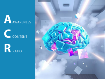 ACR - Awareness Content Ratio, DSA. Abstract 3D visualization of a glowing brain surrounded by geometric shapes and radiant light, representing mental clarity and open awareness fields.