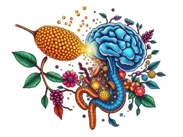High angle perspective symbolic traditional tattoo art print, medical visualization of a golden quinoa grain becoming glowing betaine particles, flowing through a vibrant gut microbiome logo
