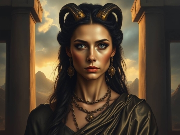 intense jet black mythological modern portrait of a wise woman symbolizing Capricorn zodiak sign, serene expression, disciplined compassion, wearing elegant metallic garments dawn light on stone terrace