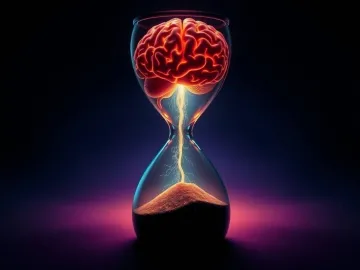 Reading Time from the Brain: brain inside an hourglass filled with glowing light instead of sand. The lower half of the hourglass. logo