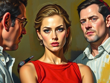 The essence of classic oil painting style defines a woman in a red sleeveless top, critically observing two men, unified by electric vivid colors, rich textures, and visible brushstrokes