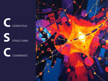 Abstract geometric illustration of Conscious Structural Coherence (CSC), showing luminous intersecting shapes and energy lines symbolizing harmony between intellect and awareness.