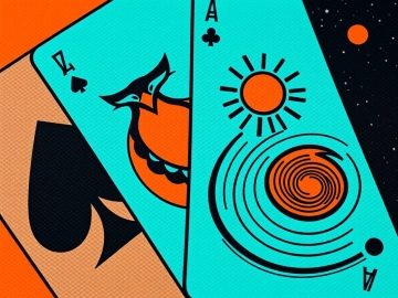 Daily Destiny Cards Free Reading: abstract teal and orange playing card designs featuring cosmic motifs with sun, spiral galaxy, and bold geometric shapes