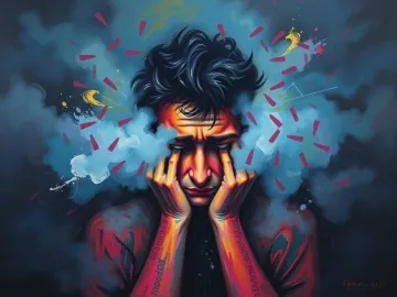 Symbolic painting of depressed person, rendered with vibrant colors, textured brushstrokes, and enveloped by thick foggy surroundings and low visibility logo