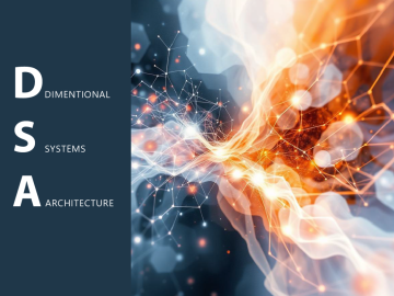 Abstract visualization of Dimensional Systems Architecture (DSA) showing a glowing sphere of energy above a luminous grid, symbolizing the structured geometry of consciousness and reality.