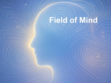 Field of Mind: Conceptual illustration of a translucent human head surrounded by glowing blue and golden light waves, with swirling fractal-like patterns radiating outward to symbolize the field of mind and interconnected thoughts.