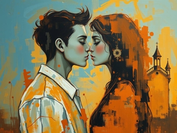 Young couple in love, imbued with an eerie, creepy atmosphere and warm golden hour light. Find right partner