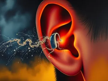 Close-up ear with hearing aid and fading sound waves symbolizing hearing loss, emotional distance, and restored connection. logo