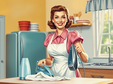 vibrant complimentary colors classic oil painting style Vintage 1950s retro illustration of a cheerful woman ironing clothes in a bright kitchen, pink blouse, white apron, neat hair.