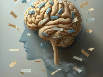 Illustration of a human brain surrounded by floating labels symbolizing the impact of psychiatric diagnosis and identity logo