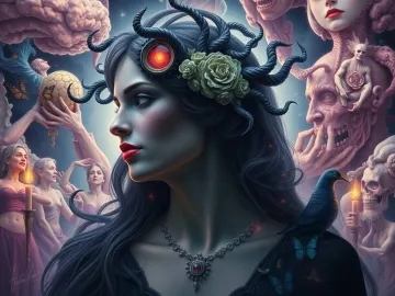 Jungian psychology with fantastical elements and bizarre scenes, depicted with grace, elegance, and refined features. logo