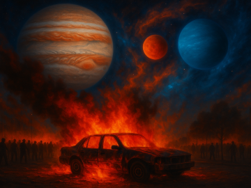 A burning car surrounded by silhouettes of people during a nighttime los angeles protests 2025, with fiery smoke rising into a cosmic sky featuring Jupiter, Mars, Uranus clash amid swirling nebulae.