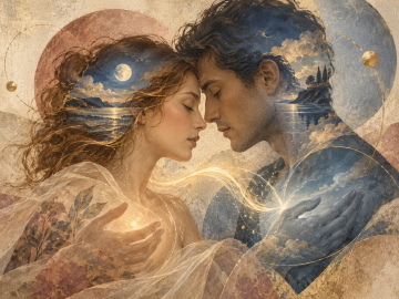 Partners exchanging a luminous emotional current representing instinctive understanding in Vedic love compatibility