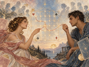 Couple connected by a red karmic thread across the seven-by-seven Destiny Cards matrix with ancestral figures behind them